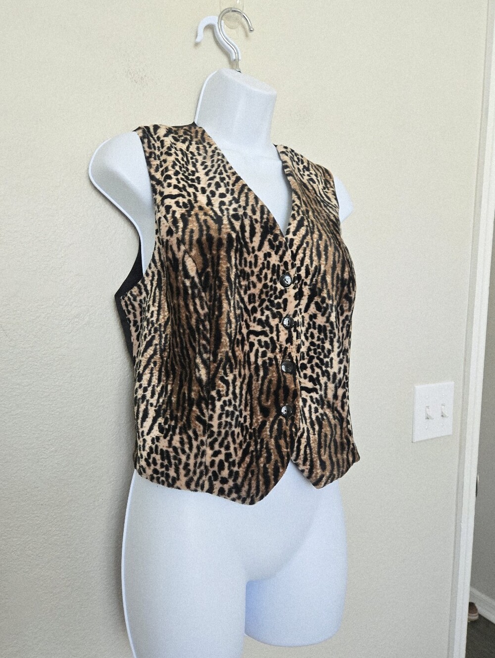 Vintage 90s Faux Suede Leopard Print Vest Size Small Glam Mobwife - Picture 3 of 9
